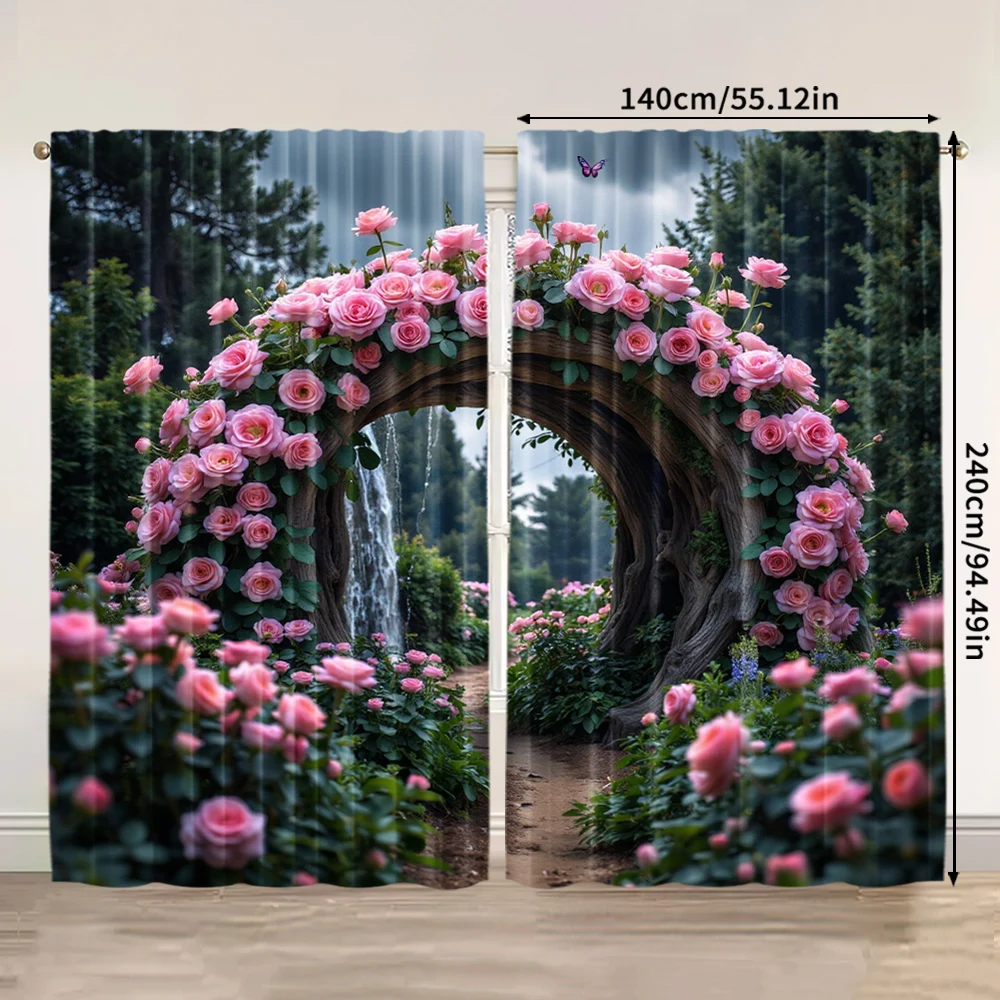 2pcs, spring summer Curtains Jungle Green and Red Roses Art Digital Print Drapes Durable 100% Polyester Fabric Art Deco Festive 3