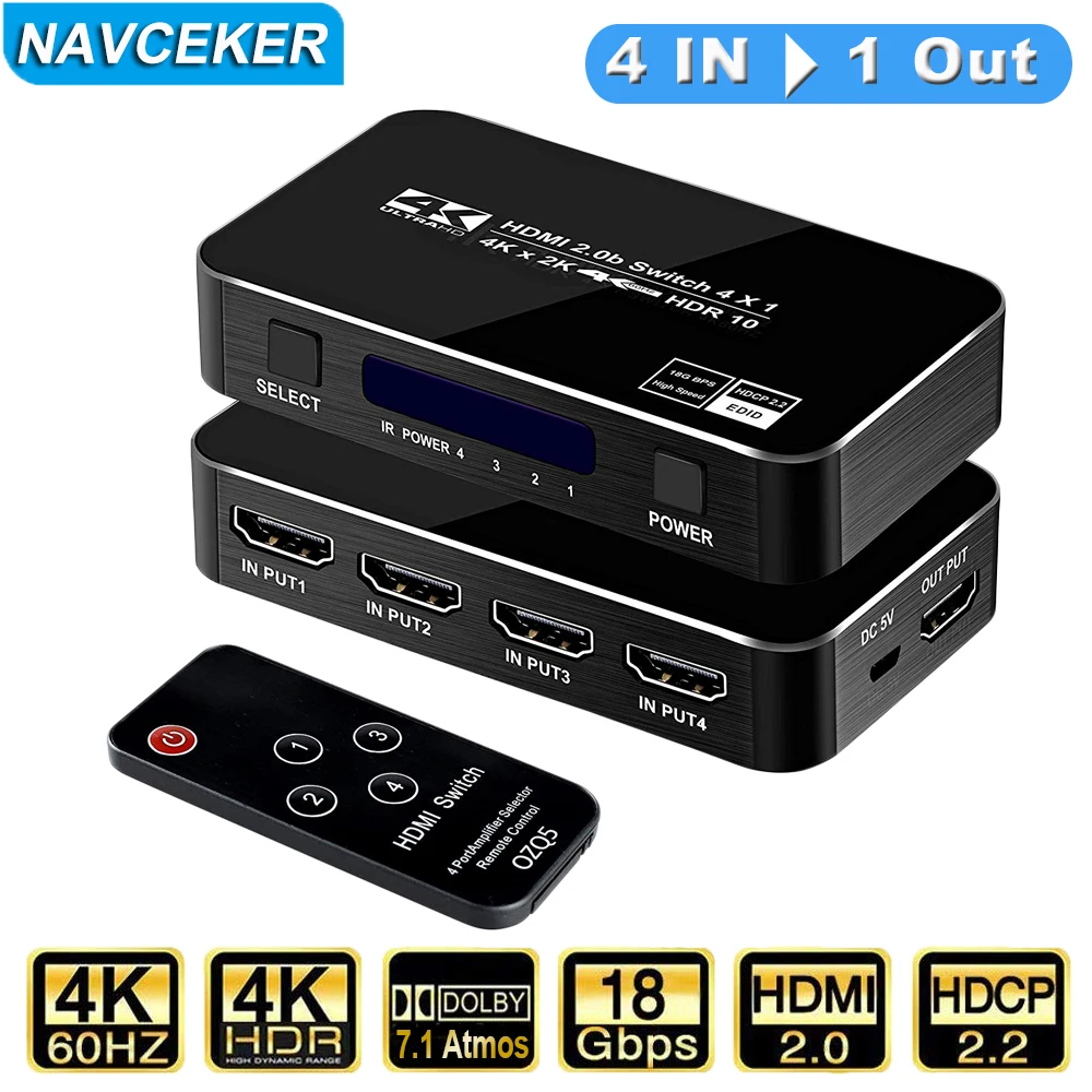 Remote HDMI Switcher 4K 60Hz 4 Port HDMI Switch 4 input 1 output HDMI Splitter Automatic Switch for PS5 XBox Laptop