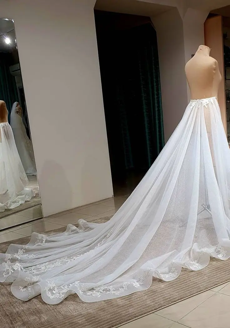 Lace Appliques Organza Bridal Detachable Skirt Wedding Removable Train for Dresses