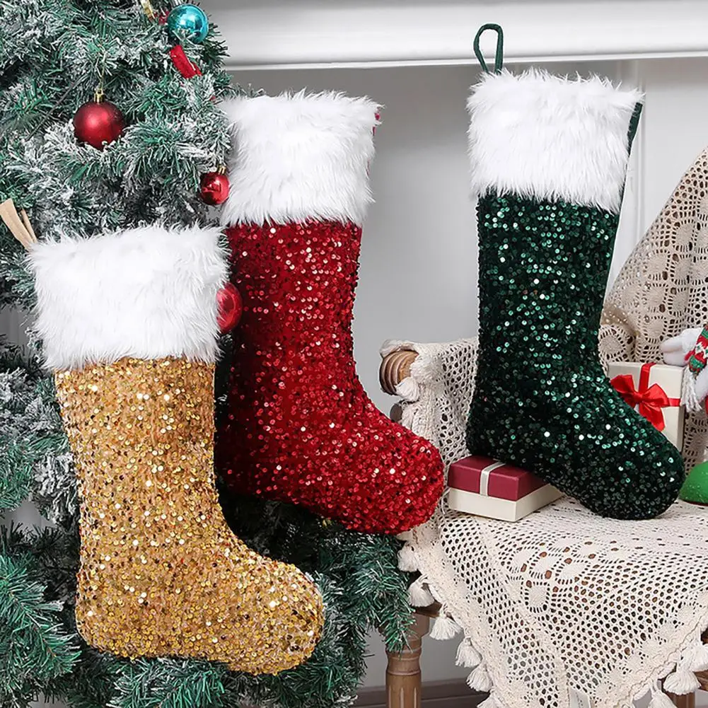 

Christmas Stocking White Long Plush Sequins Bright Color Festival Prop Xmas Tree Ornament Kid Gifts Bag Pendant Xmas Decoration