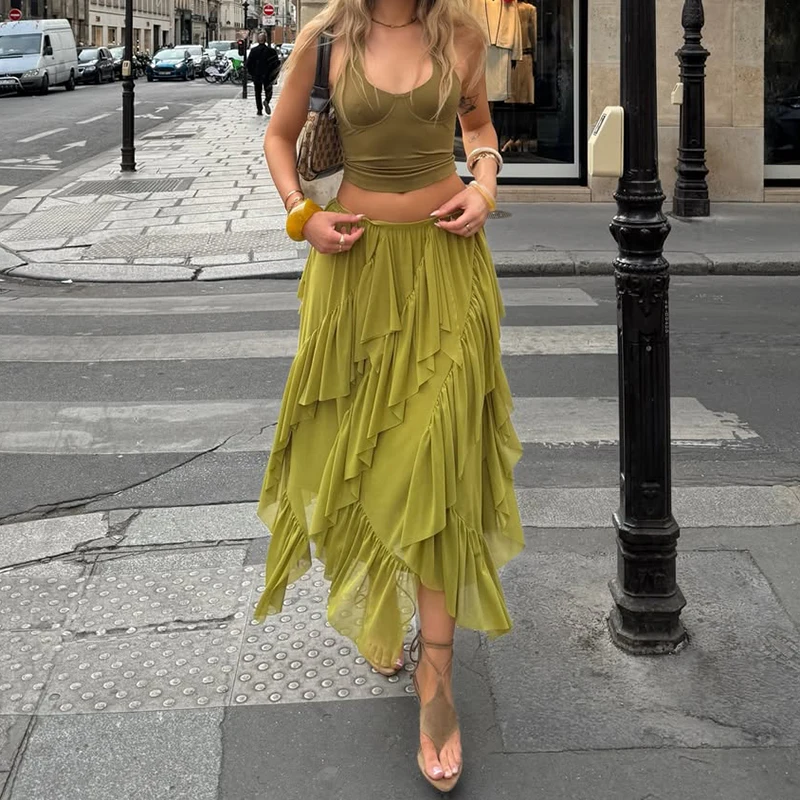 Bohemien Mehrstufiger Rüschen-Maxirock für Damen, Vintage Plissee-Rock mit Hoher Taille, Langer Französischer Eleganter Asymmetrischer Sommer-Strandröck
