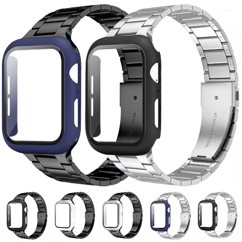 

Metal Band+PC Case for Apple Watch 45mm 41mm 44mm 40mm 42mm 38mm Stainless Steel Bracelet Wristband iWatch 8 7 6 5 4 3 SE Cover