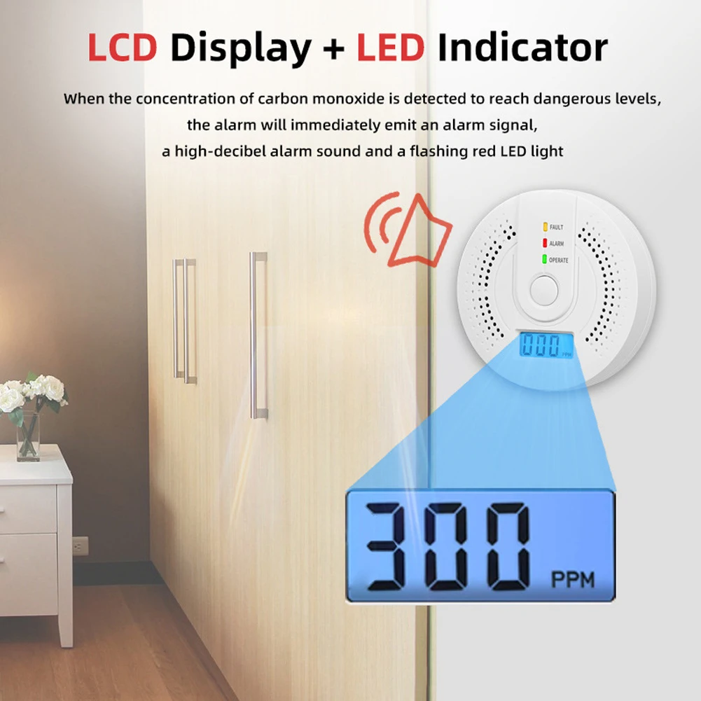 1-5pc Carbon Monoxide Detector CO Warning Alarm Battery Powered CO Gas Monitor Alarm Detector with LED Indicator for Outdoor