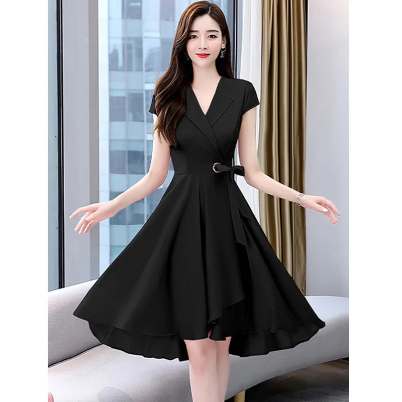 

Elegant Solid Color Loose Folds Bandage Bow Mini Dress Women's Clothing 2023 Summer New Short Sleeve Asymmetrical Sexy Dress