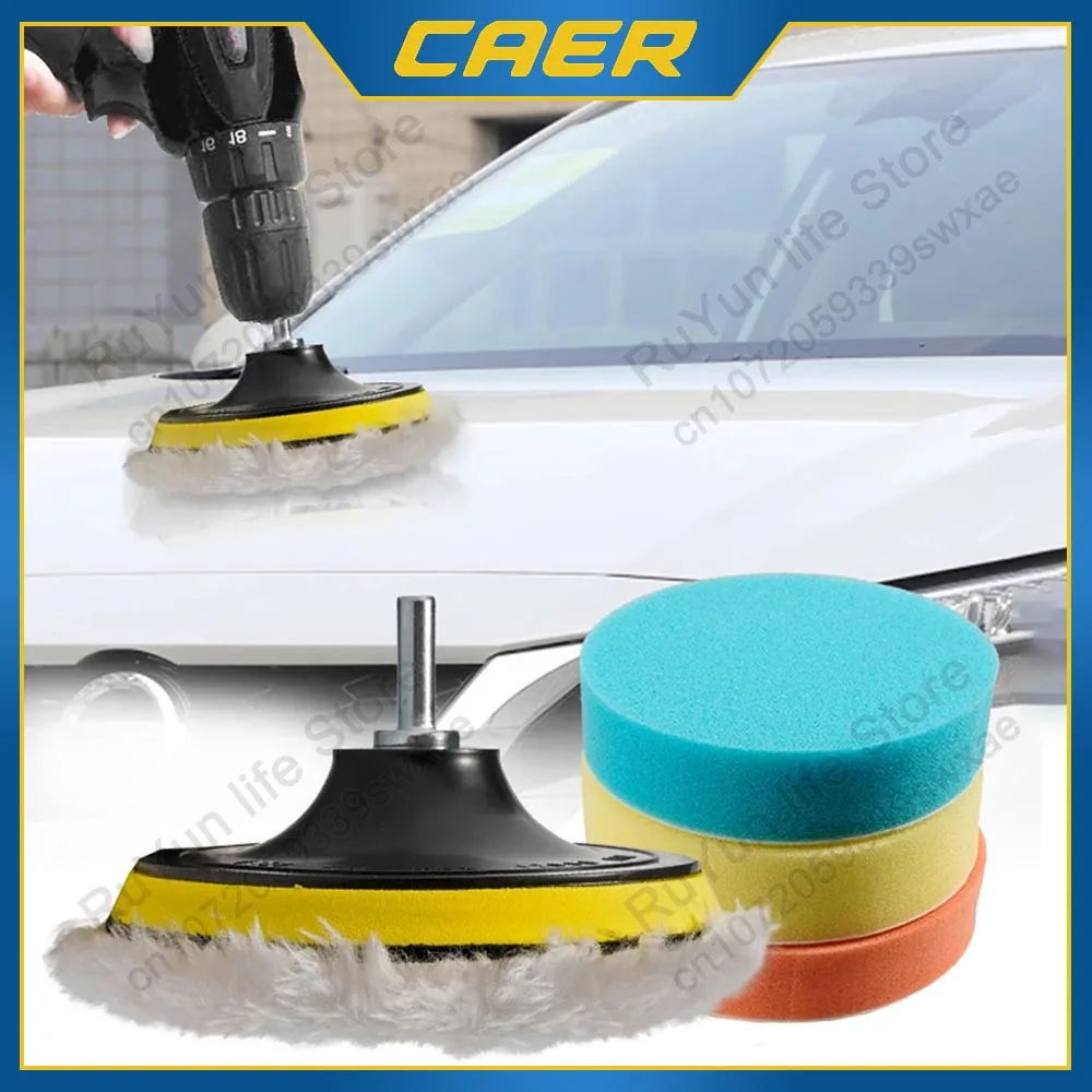 Car Polishing Pad Car Polishing Disc Set Self-Adhesive Buffing Waxing Sponge Wool Wheel Washing Auto Body Beauty Polisher Drill Adapter