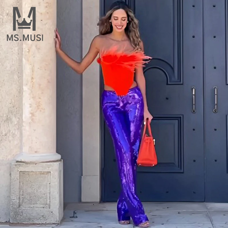 

MSMUSI 2024 New Fashion Women Sexy Bandage Two Piece Set Bodycon Party Strapless Feather Top Sequins Pencil Long Pant Set Suit