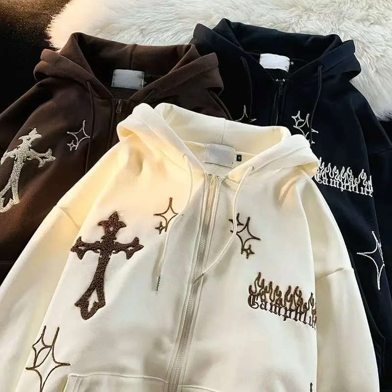 Y2k Gothic Embroidery Hoodies Women Retro High Street Zip Up Long Sleeve Jacket Harajuku Casual Hip Hop Loose Hooded Sweatshirts