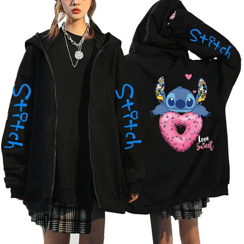 Disney Zip Up Hoodie Women Men Kawaii Ohana Lilo Stitch Zipper Hooded Jacket Harajuku Manga Cartoon Sweatshirts Coat Streetwear zip hoodie