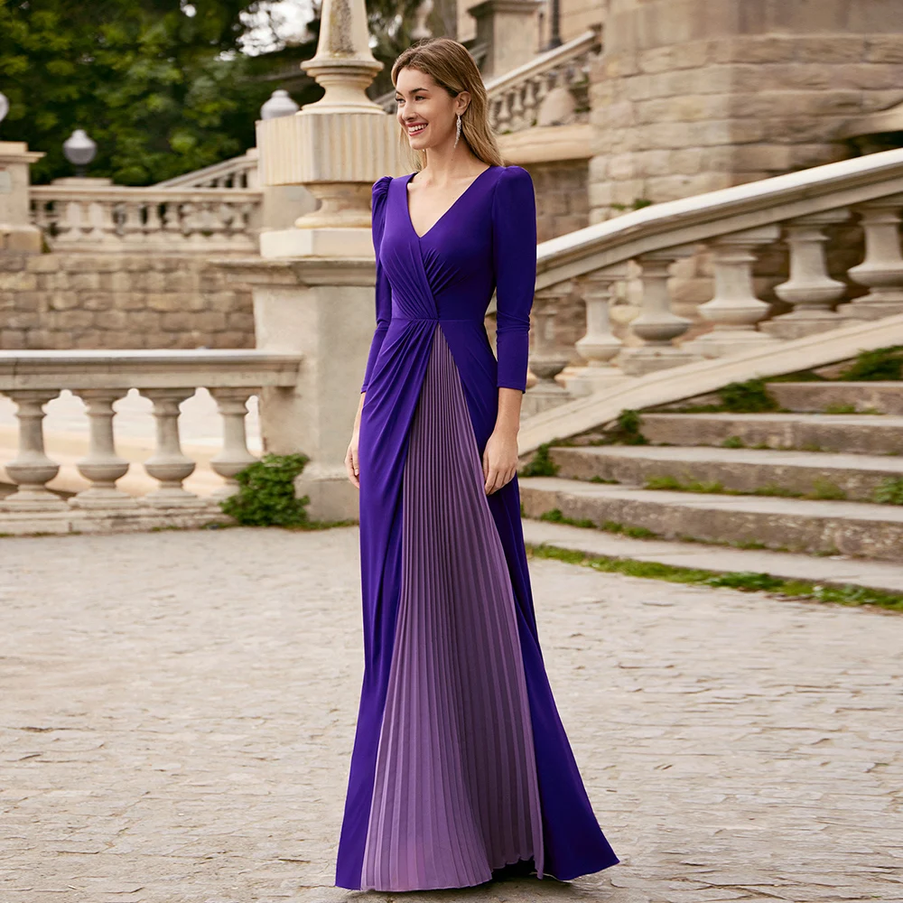 

Elegant Purple Evening Birthday Dress V-Neck Chiffon Long Sleeves Pleat Prom Formal Gowns Arabic Dubai Robe De Soiree