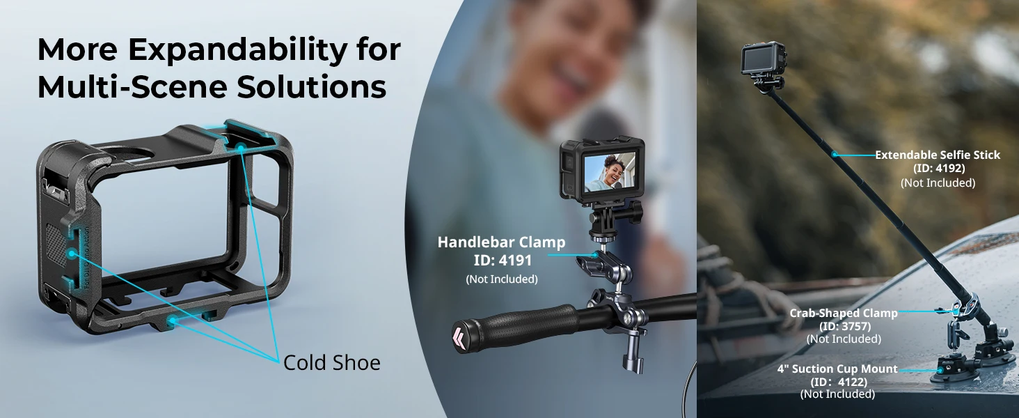 Cage for DJI OSMO Action 5 Pro / 4 / 3, Camera Case w Cold Shoe & Side Quick Rel