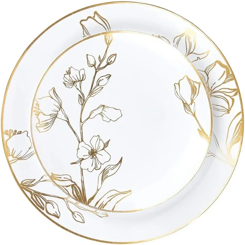 64 Piece Combo Plates Set includes 32 7'' inch Plates&32 10'' inch Plate Plastic Floral Design Party Plates With Gold Rim