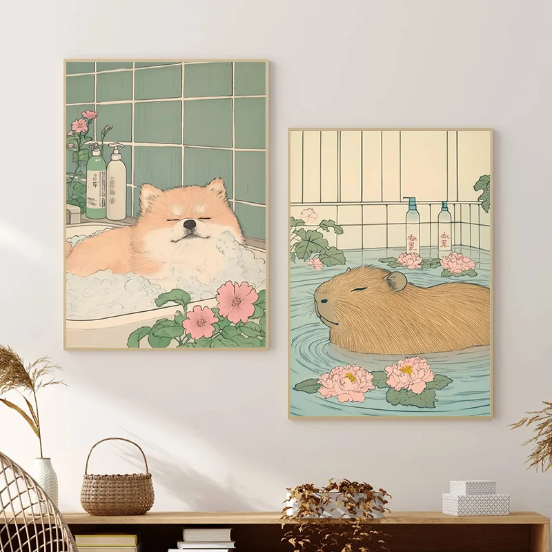 Animale giapponese bagno stampa divertente bagno poster Giappone arte della parete estetica tela pittura immagini casa soggiorno arredamento regalo 2