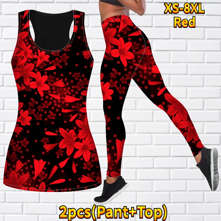 Women\'s Two Piece Yoga Set Fashion Casual Sports Tank Top Yoga Set 3D White Lily Print Sportswear Set XS-8XL