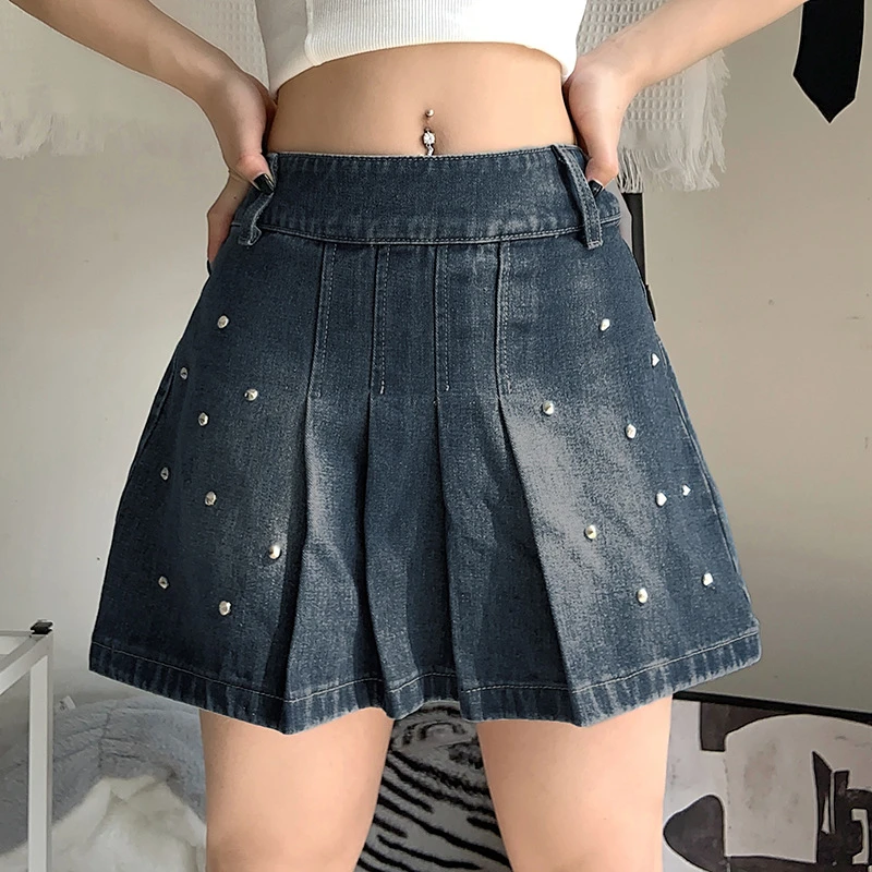 crop top with skirt Fashion Casual Rivet Cowboy Pleated Skirt New High Waist Slim Solid Skirt Rivet Patchwork Micro Skirt 2022 Lady Summer summer skirts