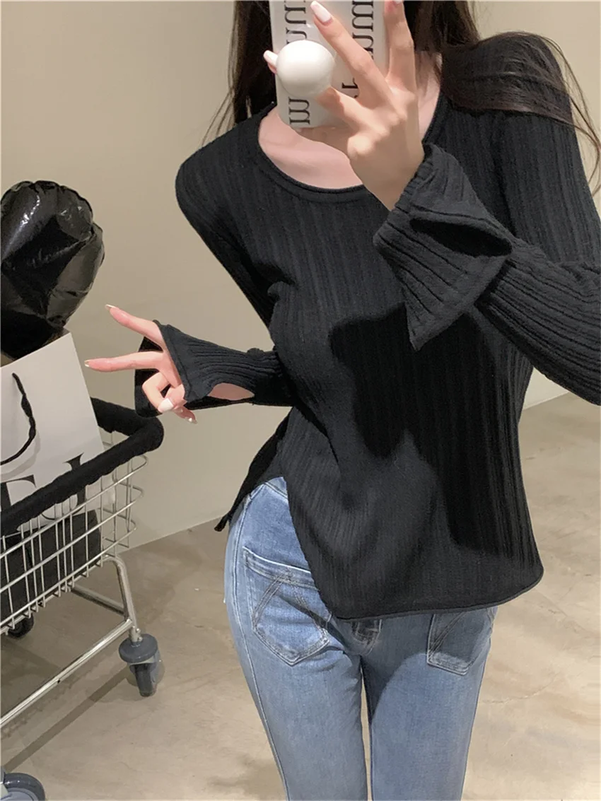 

PLAMTEE Bottoming Sweaters OL Knitwear Flare Sleeve Chic Solid 2023 Soft Slim Pullovers Autumn Outwear Elegant Office Lady