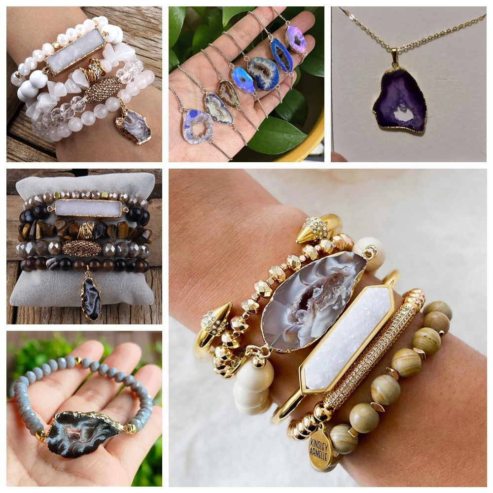 2PCS/lot Fashion Natural Druzy Pendant Irregular Slice Agates