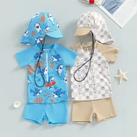 Fashion New Baby Boys Swimsuit 3CS Summer Rash Guard Beachwear Set Short Sleeve Shark Tree Print Top Shorts Hat Toddler Swimwear 2