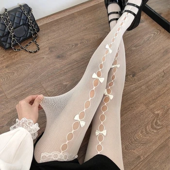 Japan Style Women Tights Handmade Bowknot Hollow Out Mesh Fishnet Pantyhose Body Stockings Lolita Sweet Girls White Lace Tights 1