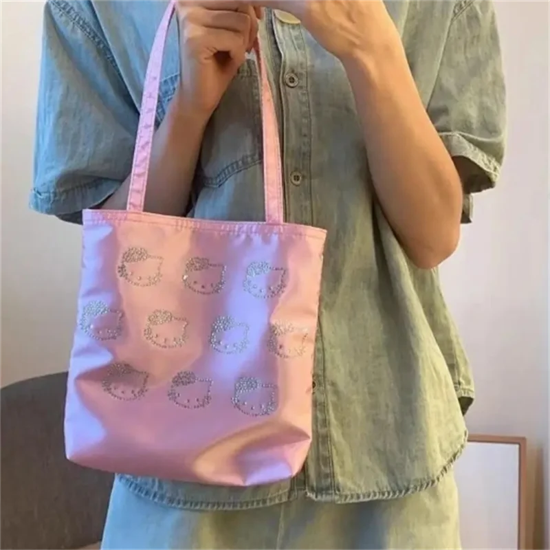 

Sanrio Hello Kitty Handbag Woman Anime Cartoon Kt Hot Drill Full Print Satin Silk Bag Cute Luxurious Mini Tote Bag Girls Gifts
