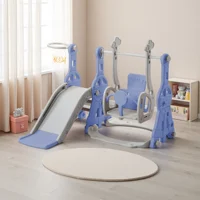 Toboggan pour enfants, toboggan 4-en-1 intérieur/extérieur, aire de jeux pour enfants avec panier de basket, étagère et balançoire, pour enfants, rose, bleu 1