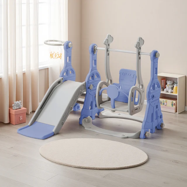 Toboggan pour enfants, toboggan 4-en-1 intérieur/extérieur, aire de jeux pour enfants avec panier de basket, étagère et balançoire, pour enfants, rose, bleu 1