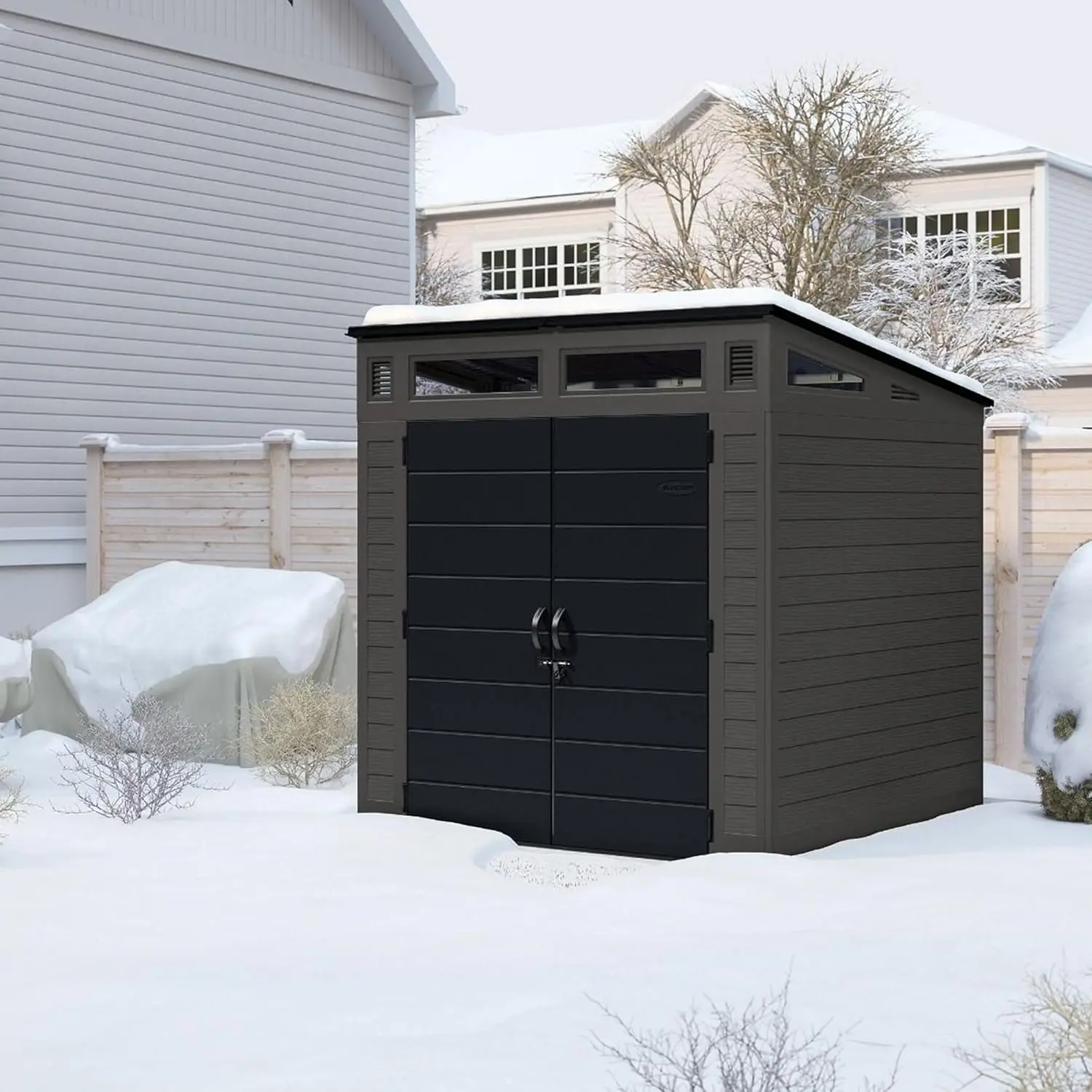 Modern Outdoor Storage Shed, 200 cu. ft. Peppercorn Resin Plastic Shed for Lawn Mower, Bikes, Utility Tools, Patio, & Yard.