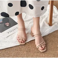 Femmes sandales dames talons carrés élégant été pantoufles à l'extérieur croisé en cuir femme diapositives mode femme sandales 5