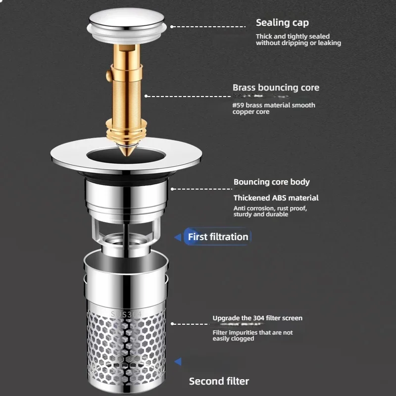 1PCS Universal Rebound Drain Plug Filter Metal Basin Pop-up Sink Filter with Hair Catcher Bathroom Sink Drain Stopper