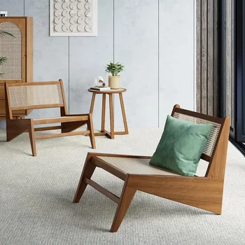 Living room Mid-century modern armless chair, style Walnut, Rattan and Wood Lounge Chairs, Bedroom and Balcony chair