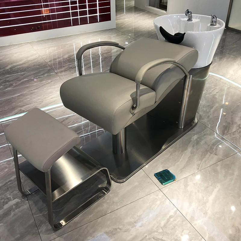 

High end shampoo bed, specialized for barber shops, stainless steel semi reclining hair salon, ceramic basin for shampoo bed