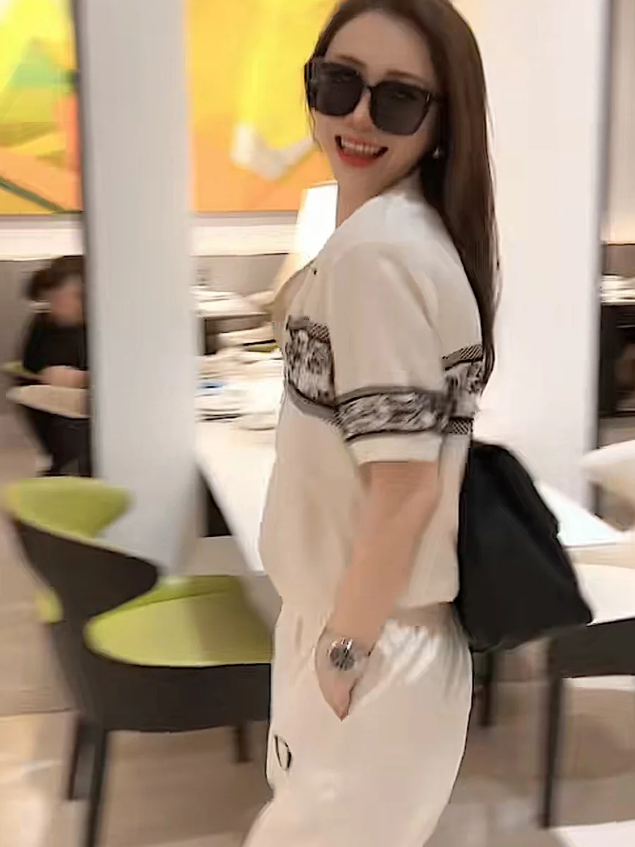 المرأة الفرنسية عارضة 2 قطعة مجموعات بارد الحرير الجليد مريحة الصيف سستة قصيرة الأكمام سترة معطف و Sweatpants الرياضة فضفاضة