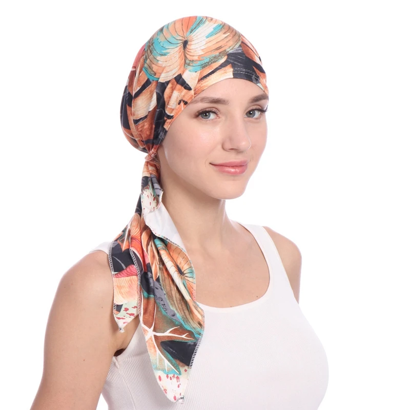 

Women Headscarf Cap Floral Print Pre Long Tied Tassel Stretchy Head Wrap Hair Accessories Muslim Chemo Hat Turban Headwear