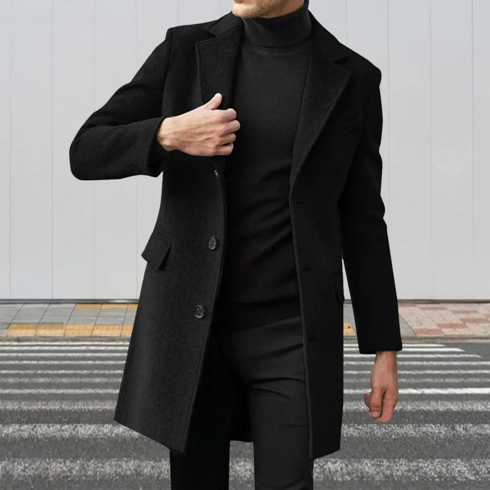 

Solid Color Lapel Coat Mid-length Warm Jacket Overcoat with Lapel Flap Pockets for Men Solid Color Single-breasted for Winter