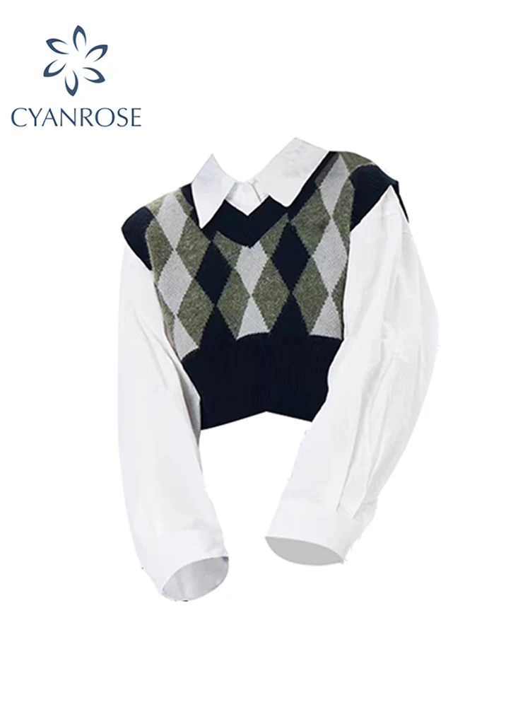 

Women's Two Piece Set Long Sleeve Shirt and Blouse Y2k Vintage Korean Harajuku 90s Elegant Uniform Checked Knit Top 2023 Clothes