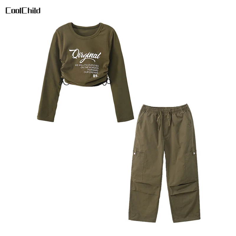 Ensemble De Vêtements Hip Hop Pour Filles, Veste Courte, Pantalon Cargo Solide, T-shirt Jazz Pour Enfants, Abonnés à La Danse De Rue, Joggeurs, Tenues Streetwear Pour Enfants