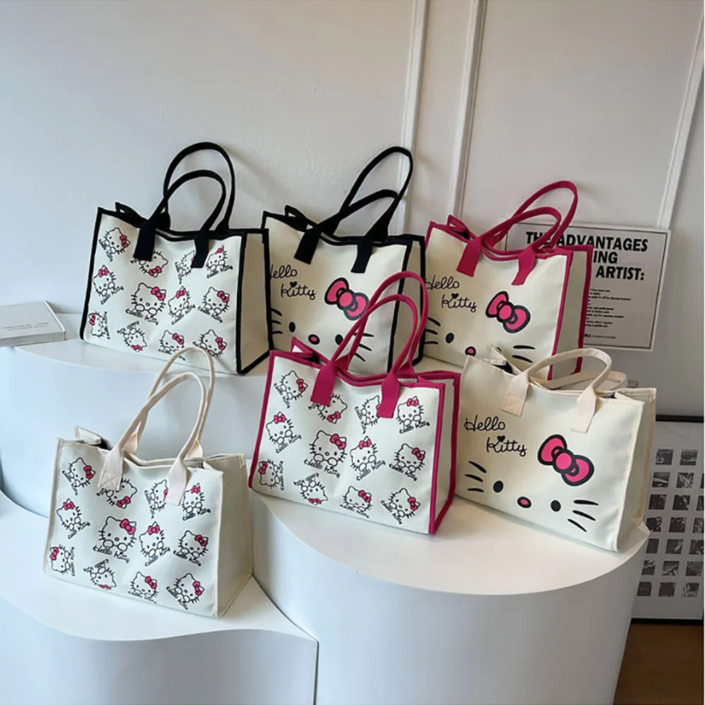 

Hellokitty Canvas Bags Sanrio Cartoon Handbags Large Capacity Portable Tote Commuting Shoulder Bags Satchel for College Students