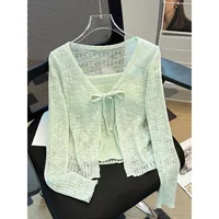 Thin Ice Silk Knitted Cardigan V-neck Belted Summer Lightweight Jacket for Women with Strap Dress Short Style Outerwear