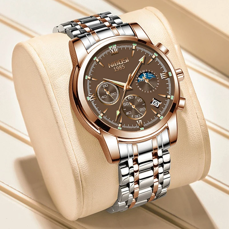 NIBOSI Mens Watches  Top Brand Luxury Multifunction Chronograph Quartz Watch for Men Stainless Steel Waterproof Date Sport Clock