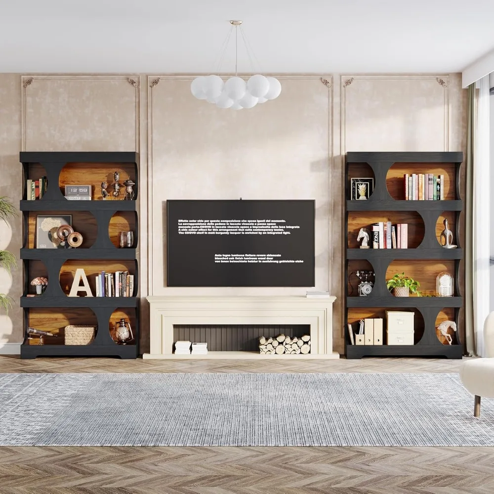 71" Tall Bookcase Set of 2, 4-Tier S-Shaped Bookshelf, Wood Decorative Storage Shelving, Modern Freestanding Display Shelves 4