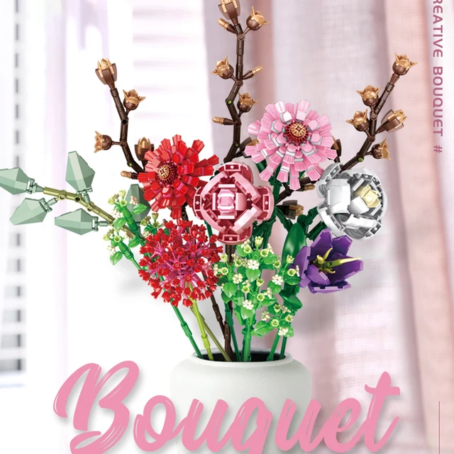 Technical Ideas Flowers Bouquet Building Blocks Moc Romantic Rose Flower Bricks Home Decoration DIY Toys for Girl Birthday Gift 3