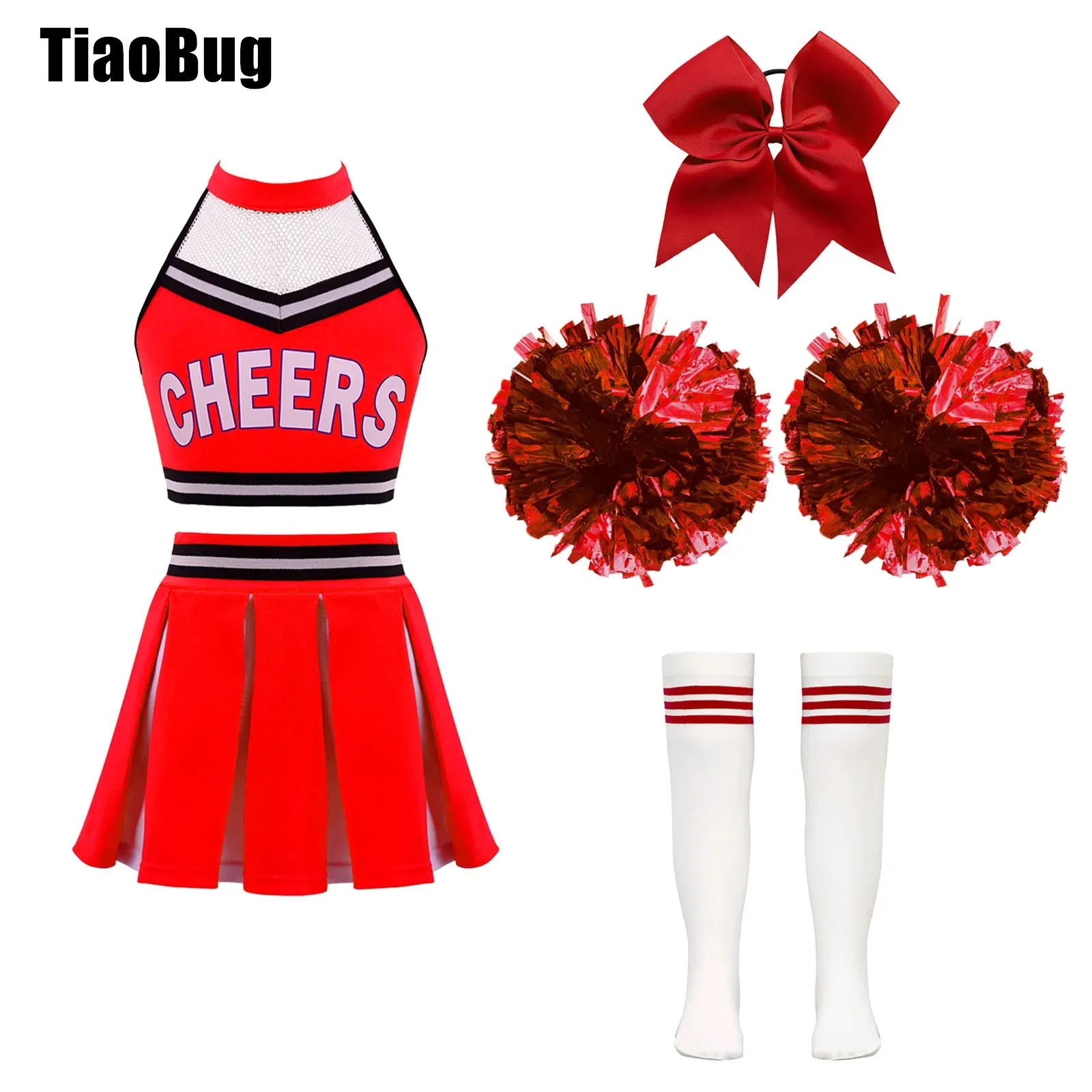 

Kids Girls Cheering Team Outfits Halter Neck Mesh Letter Print Crop Top with Skirt Bowknot Headwear Hand Flowers Striped Socks