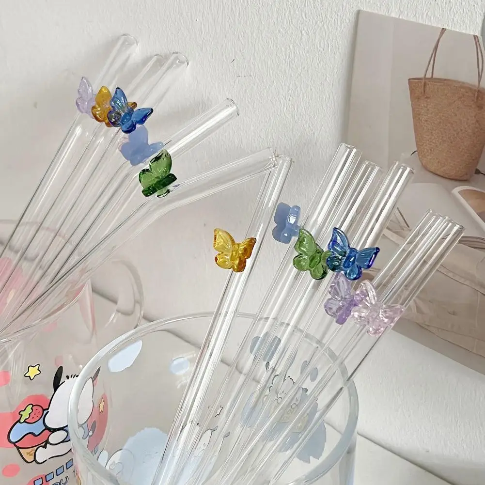 15cm Glass Straw Colorful Butterfly Design Straw Heat-Resistant Transparent Borosilicate Straws Cute Decor For Smoothies Juice