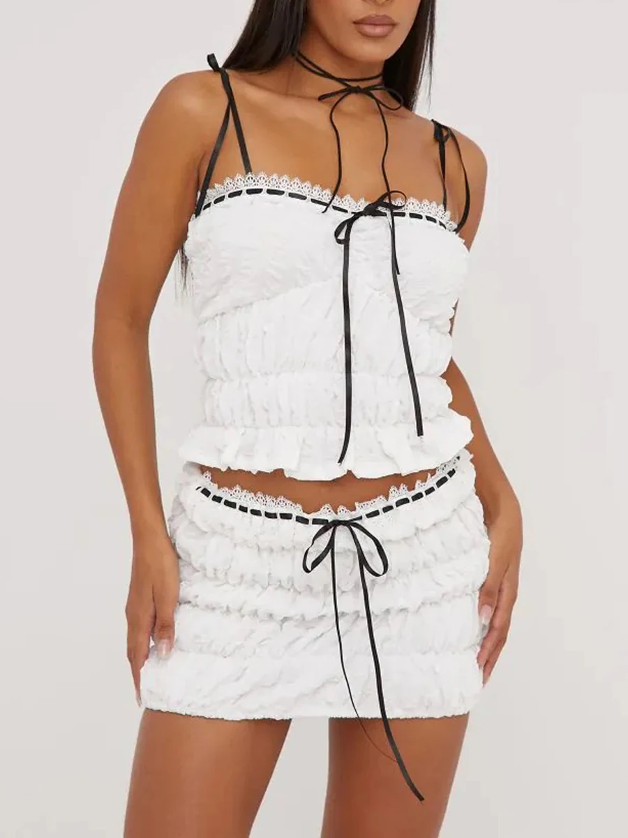 

Женский плиссированный комплект из 2 предметов, летняя одежда, шикарный кружевной топ без рукавов с отделкой и завязкой и белая мини-юбка, уличная одежда