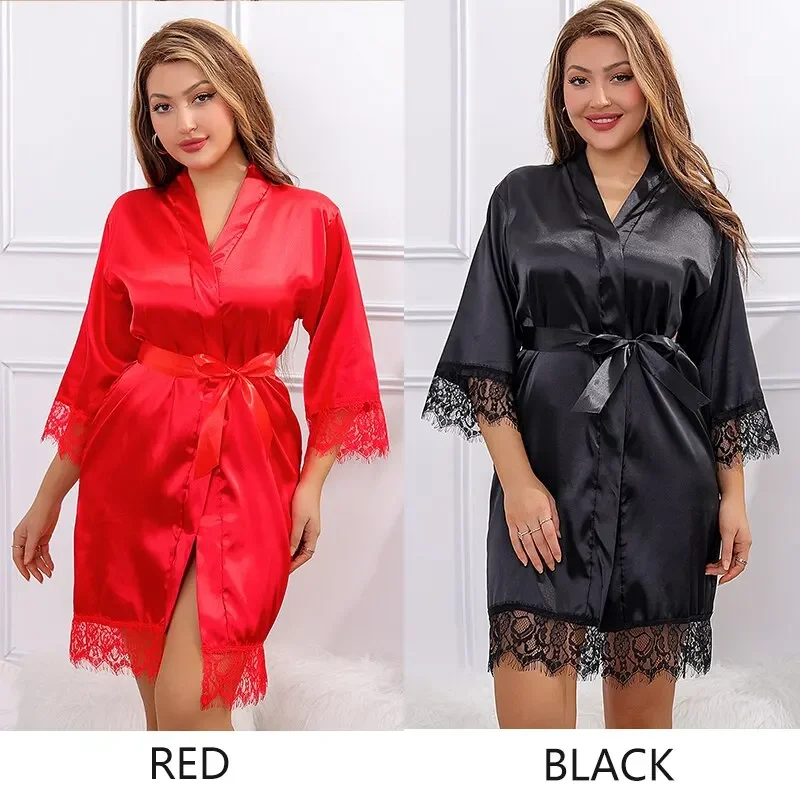 

Women Ice Silk Pajamas Robes Sleepwear Nightgowns Nightdress Red Black L XL Lace Smooth Soft Comfortable Casual Pure Color