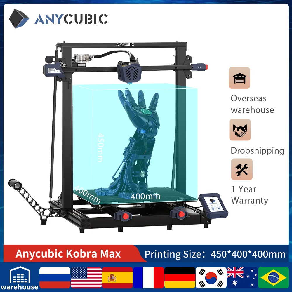 

3D-принтер ANYCUBIC KOBRA MAX с автоматическим выравниванием, 4,3 дюйма, скорость печати с сенсорным экраном, макс. 180 мм/с, FDM, 400*400*450 мм