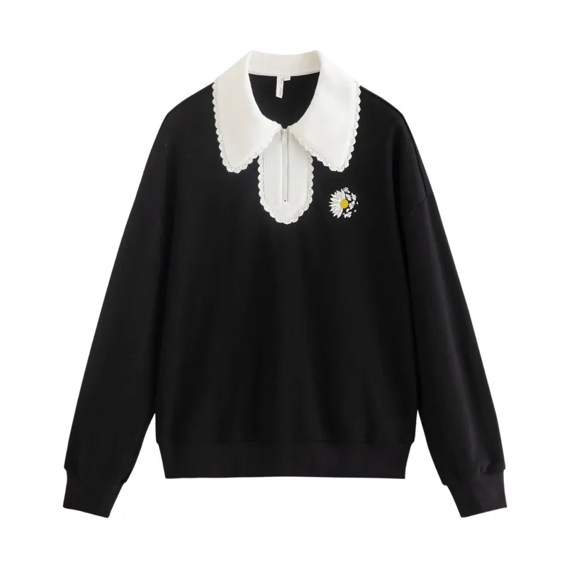 INMAN Women Sweatshirts 2023 Autumn Long Sleeves Lace Lapel Loose Hoodies Contrast Pearl Embroidery Casual All-match Black Tops