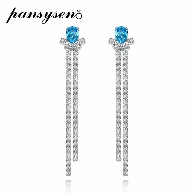 

PANSYSEN Solid 925 Silver Water Drop Long Tassel Earrings Inlaid Sea Blue Aquamarine High Carbon Diamond Drop Earring Wholesale