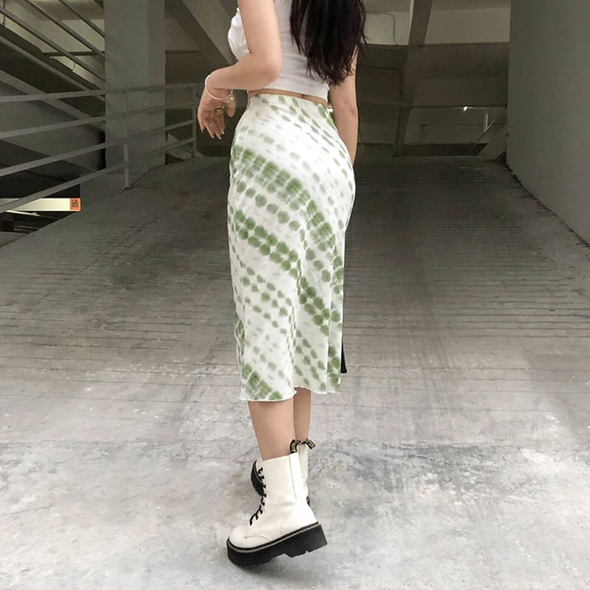 Spring  Summer New Fashion Tie Dyed Halflength Skirt Women's Skirt High Waist Long Skirt Leisure Girl Hip Wrap Skirt Green pink skirt