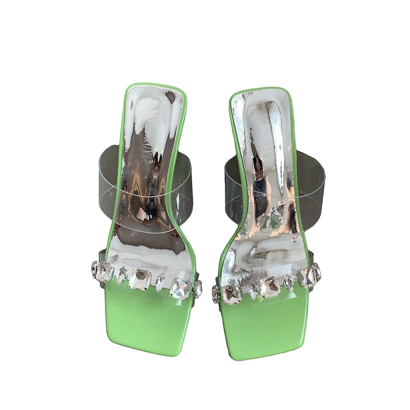 Transparent PVC Rhinestone Crystal Women's Slippers Sandals Square Toe Hollow Slip On Slides High Heels Solid Color Dress Shoes