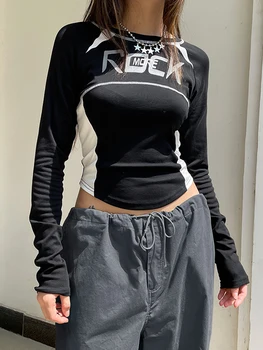 Women's Crew Neck Tops Fashion Letter Print Long Sleeve Fit T-Shirt Casual Blouse Streetwear 5